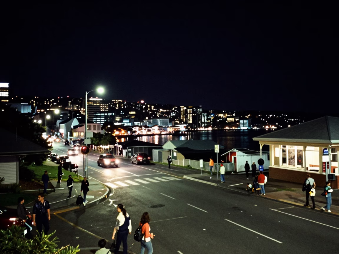 Wellington Night Street Scene with Harbor Lights and Urban Details in in Wellington, New Zealand