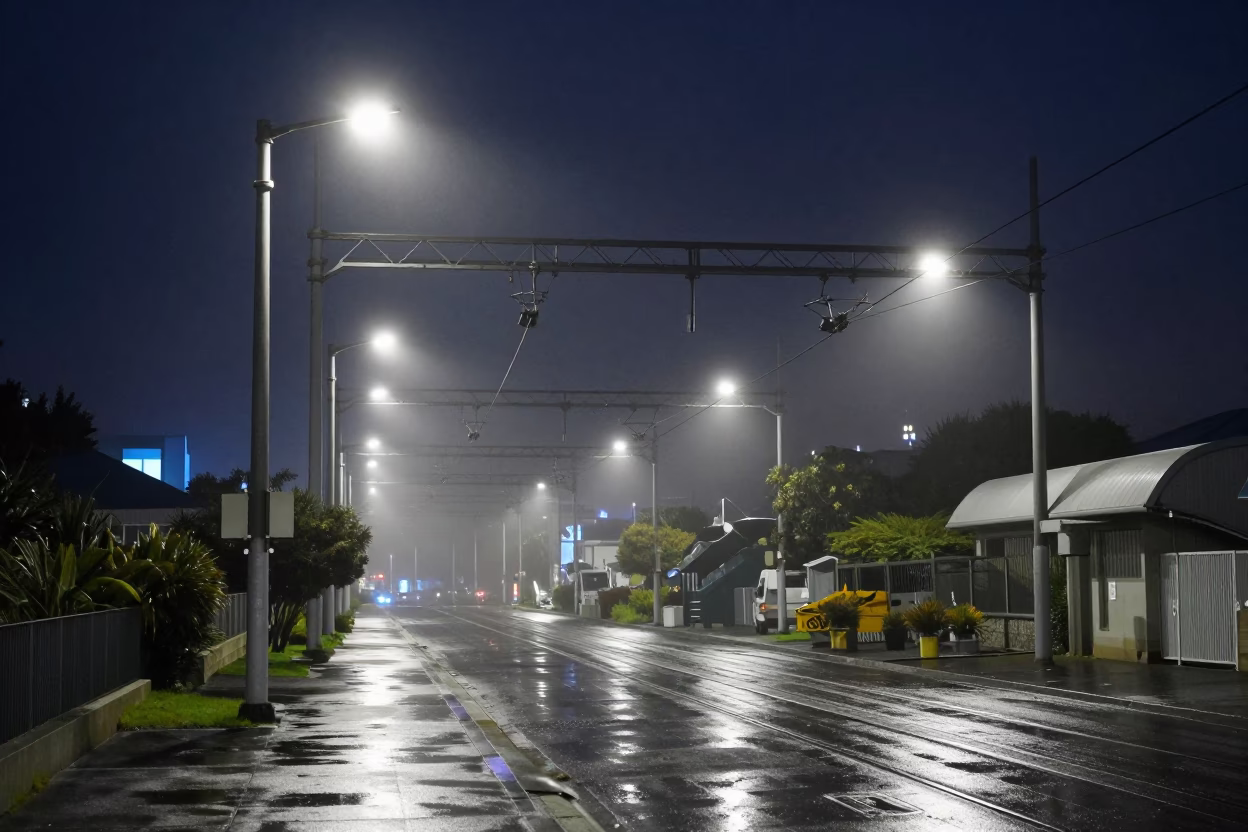 Wellington Night Street Scene with Rail Catenary and Industrial Fog in in Wellington, New Zealand
