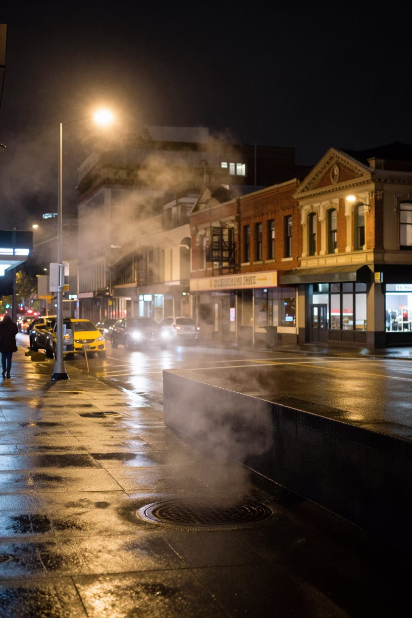 Wellington Night Street Scene with Steam Haze and Urban Architecture in in Wellington, New Zealand