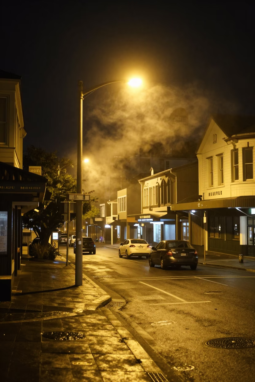 Wellington Night Street Scene with Steam Haze and Urban Details in in Wellington, New Zealand