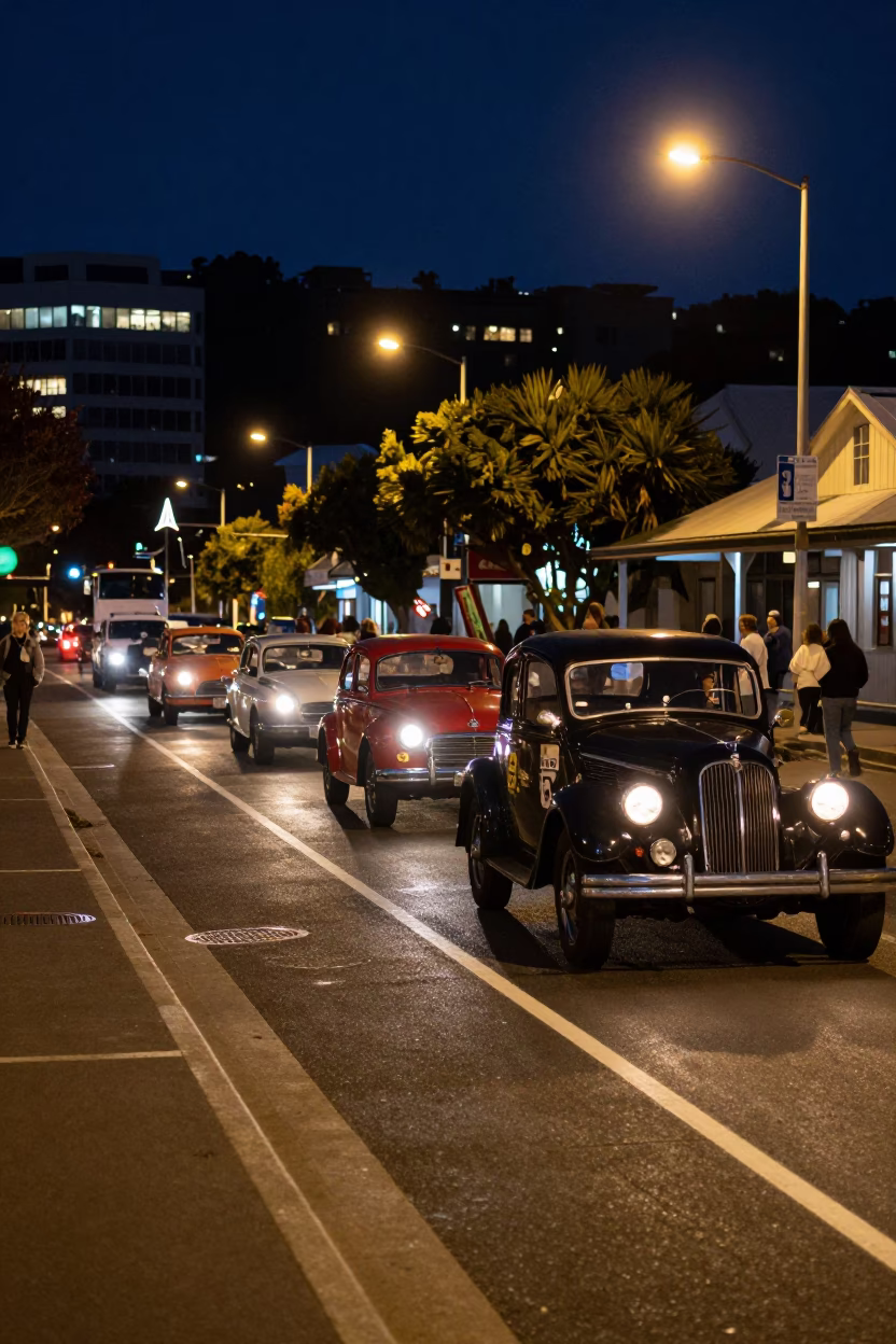 Wellington Night Street Scene with Vintage Car Rally and Cup in in Wellington, New Zealand