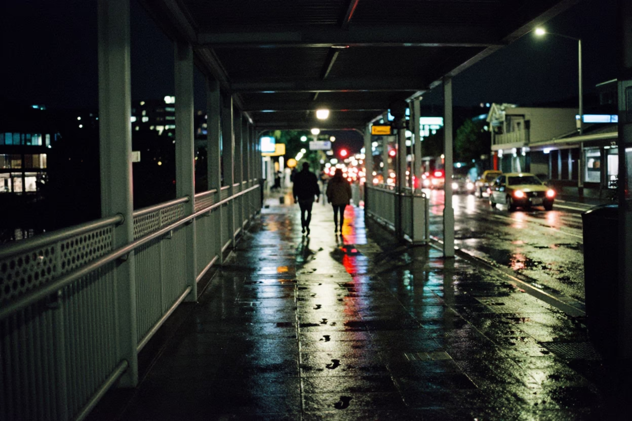 Wellington Night Street Scene with Wet Footsteps on Pedestrian Overpass in in Wellington, New Zealand