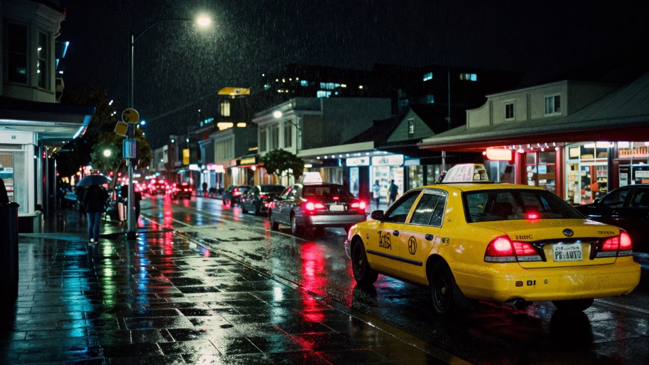 Wellington Night Street Scene with Yellow Taxi and Rainy Urban Atmosphere in in Wellington, New Zealand