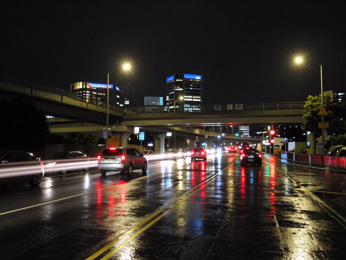Wellington Night Traffic Reflections on Wet Overpass Interchange in New Zealand Cityscape in in Wellington, New Zealand