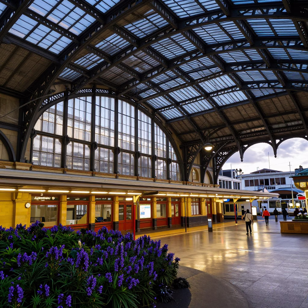 Wellington Railway Station Arched Roof and Plumbago Hedge at Early Evening in in Wellington, New Zealand