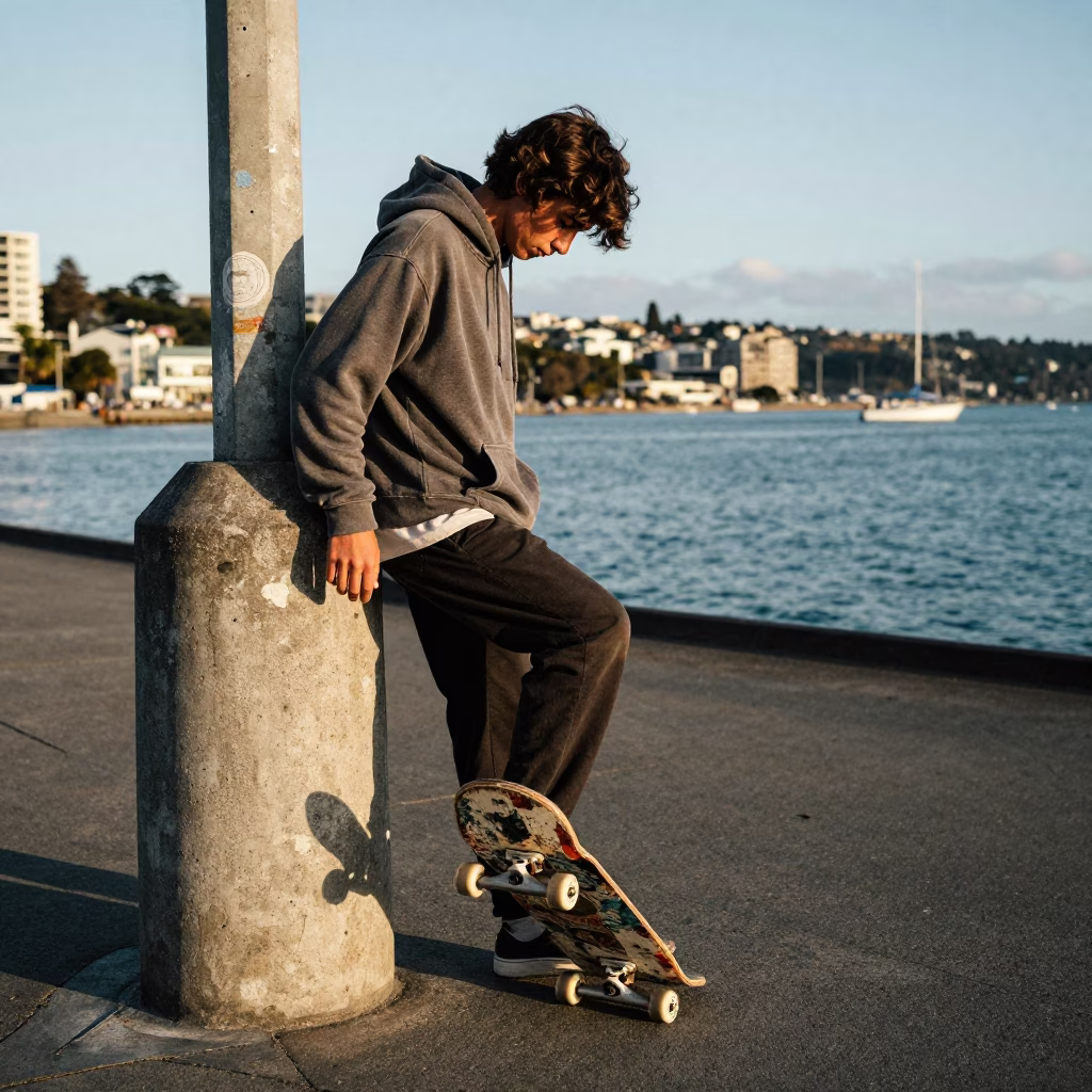 Wellington Skateboarder at Evening Light in in Wellington, New Zealand