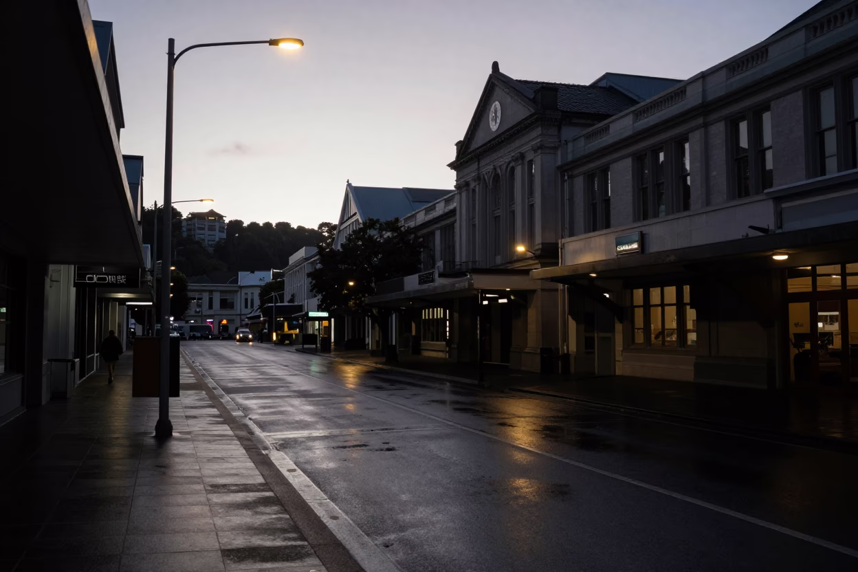 Wellington Street Scene at The Predawn Darkness Light in in Wellington, New Zealand