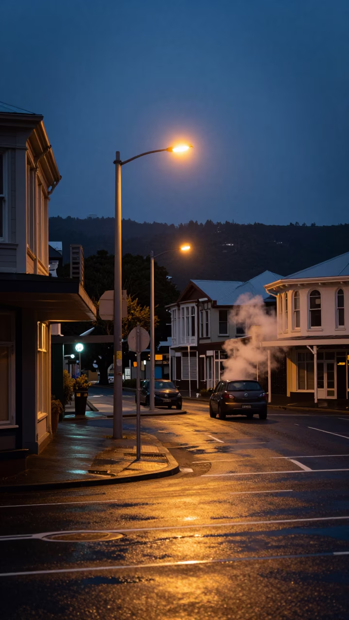 Wellington Street Scene at The Predawn Darkness Light in in Wellington, New Zealand