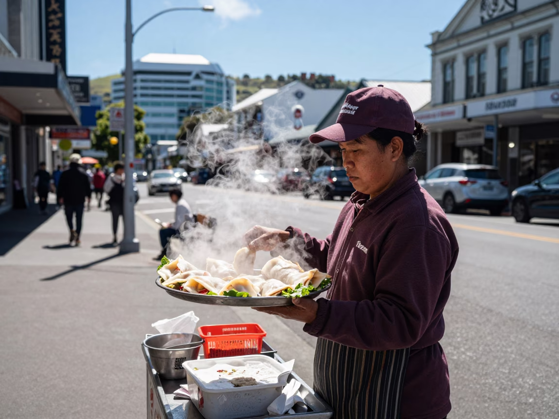 Wellington Street Scene with Vietnamese Banh Cuon Tray and Urban Details in in Wellington, New Zealand