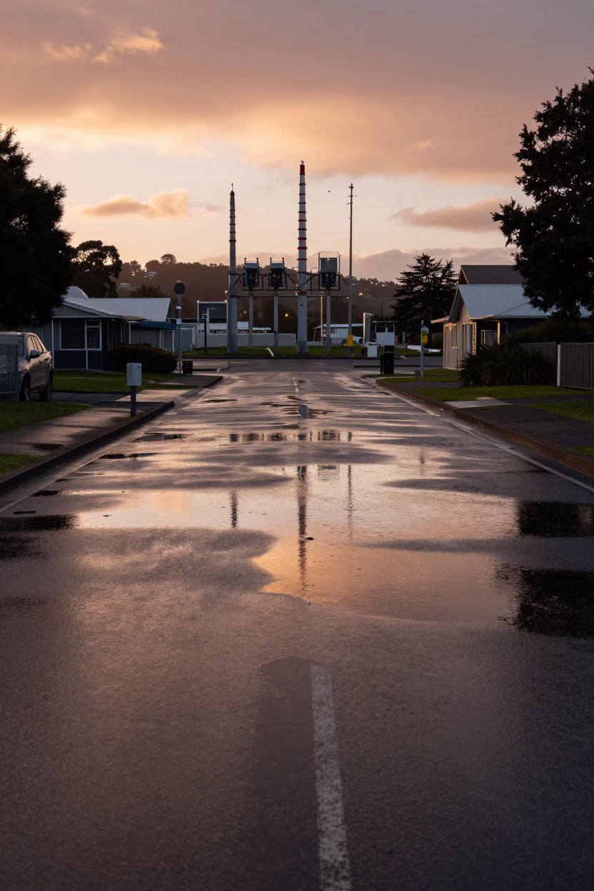 Wellington Substation Road Puddles Reflecting Copper Dusk Light Near Breakwater Beacon in in Wellington, New Zealand