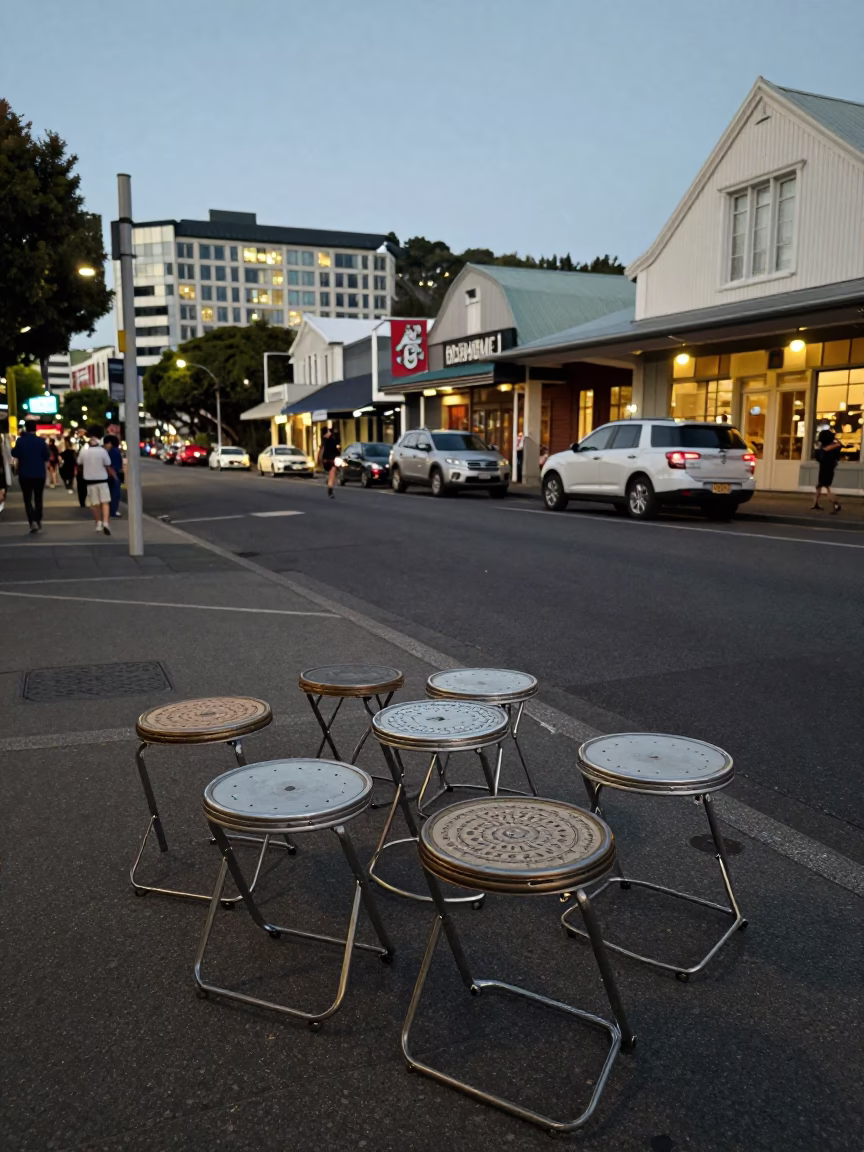 Wellington Summer Evening Street Scene with Vintage Folding Stools in in Wellington, New Zealand