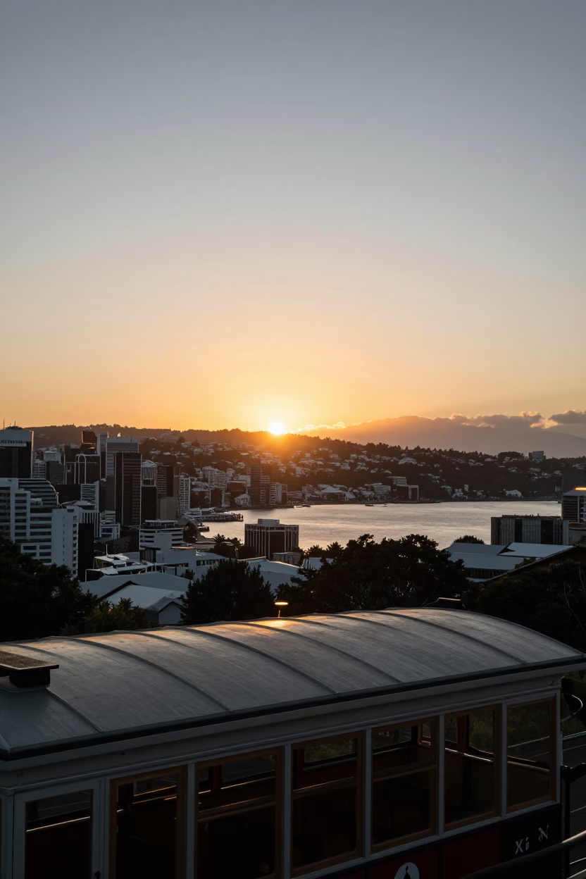 Wellington Sunset Skyline View from Cable Car Station with Ferry Terminal and Harbor in in Wellington, New Zealand