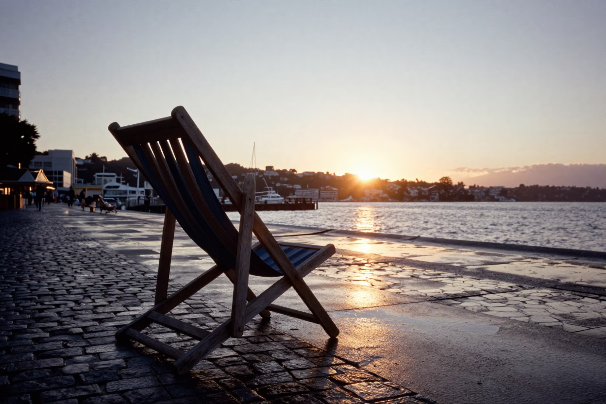 Wellington Sunset Street Scene with Deck Chair and Jam Jar on Cobblestone Sidewalk in in Wellington, New Zealand