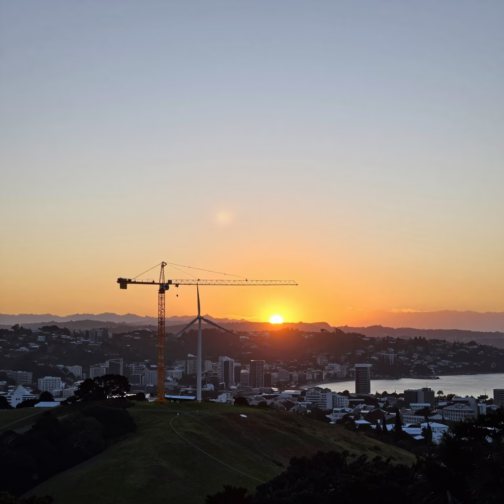 Wellington Sunset Wind Farm Crane and Coastal Cityscape at Dusk in in Wellington, New Zealand