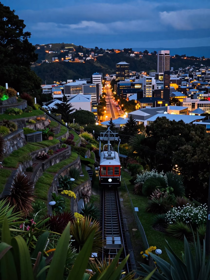Wellington Terraced Gardens at Indigo Twilight After Sunset in in Wellington, New Zealand
