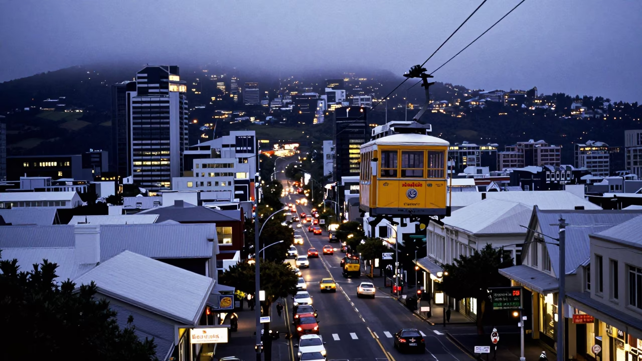Wellington Twilight Street Scene with Aerial Tramway and Drying Towels in in Wellington, New Zealand