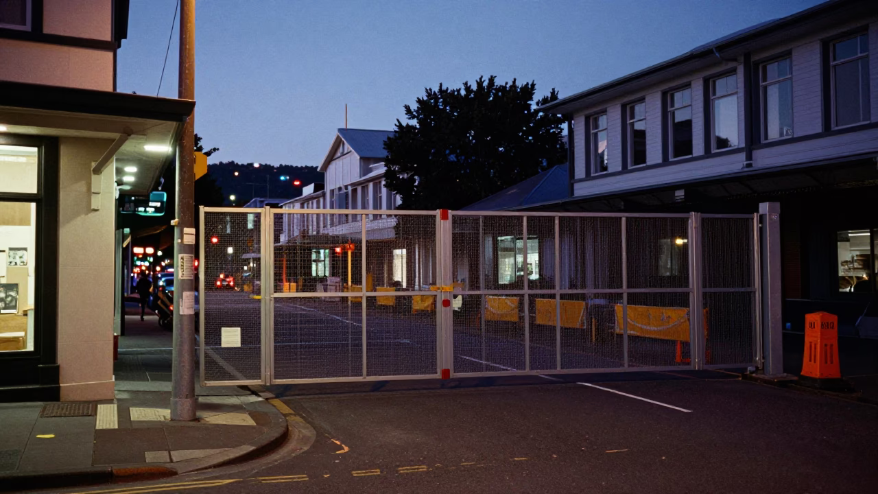 Wellington Twilight Street Scene with Construction Gate and Urban Details in in Wellington, New Zealand
