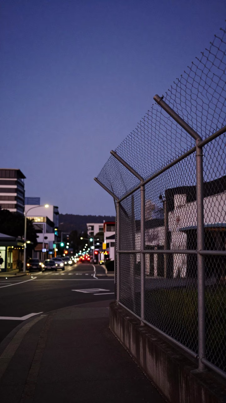 Wellington Twilight Street Scene with Substation Fence and Urban Infrastructure in in Wellington, New Zealand