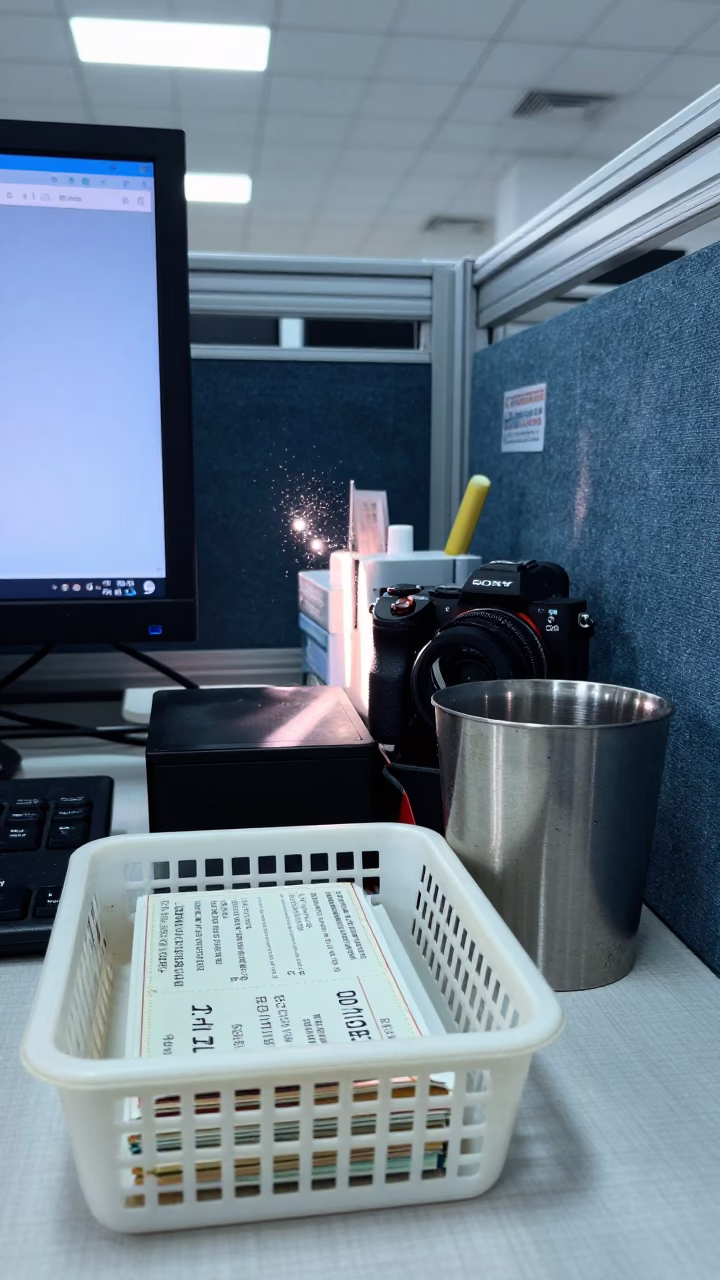 Wellness Basket Under Office Light in Pyongyang in in an operations center under monitor glow near Pyongyang