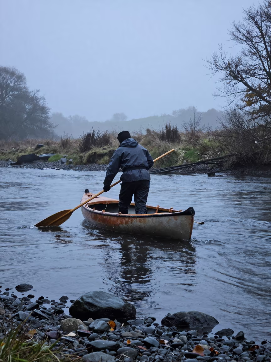 Welsh Coracle Ferry at Misty Dawn River Crossing in across a remote ferry crossing near Pai