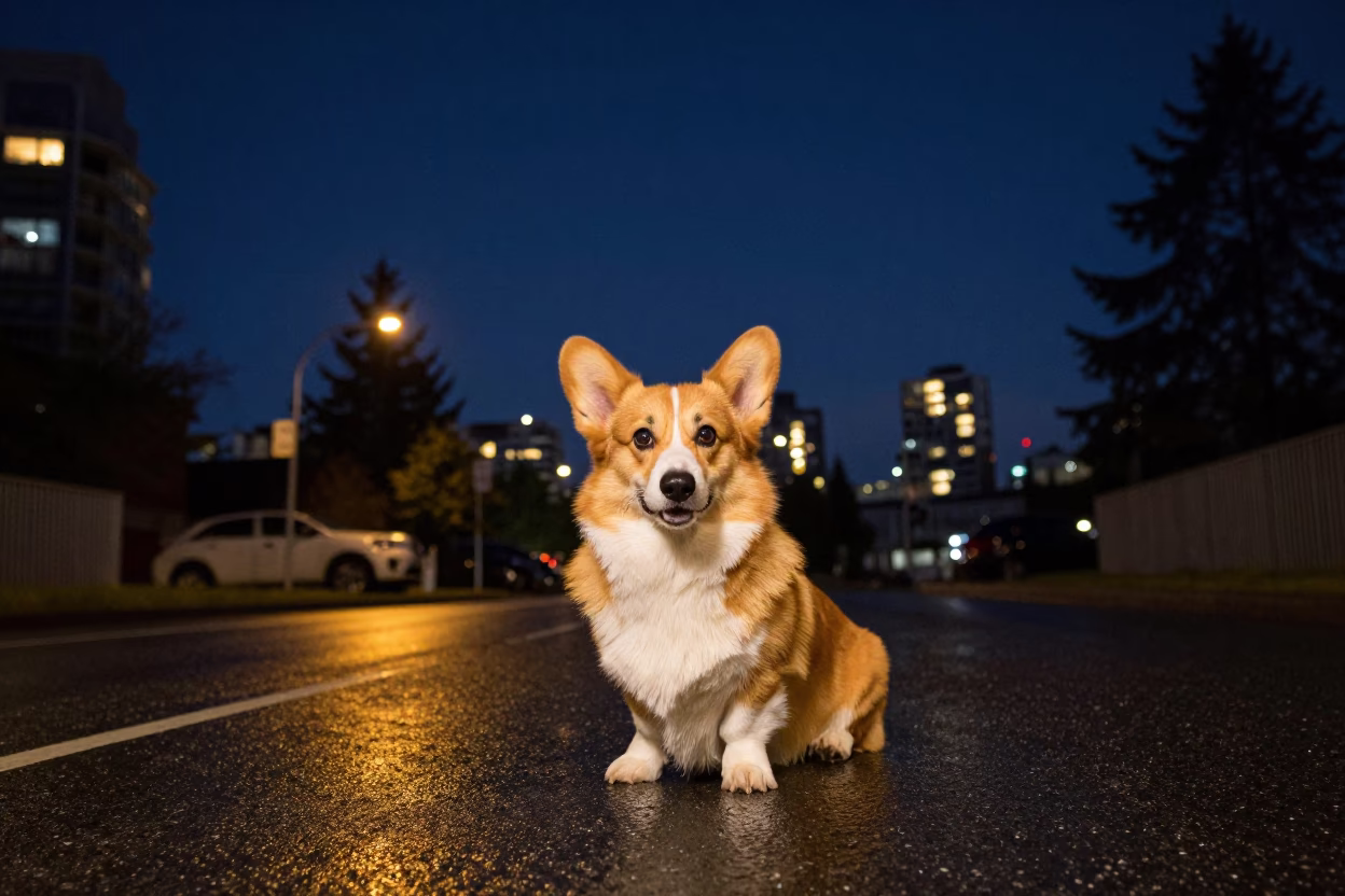 Welsh Corgi in Vancouver at The Deepest Night Sky Light in in Vancouver, British Columbia, Canada