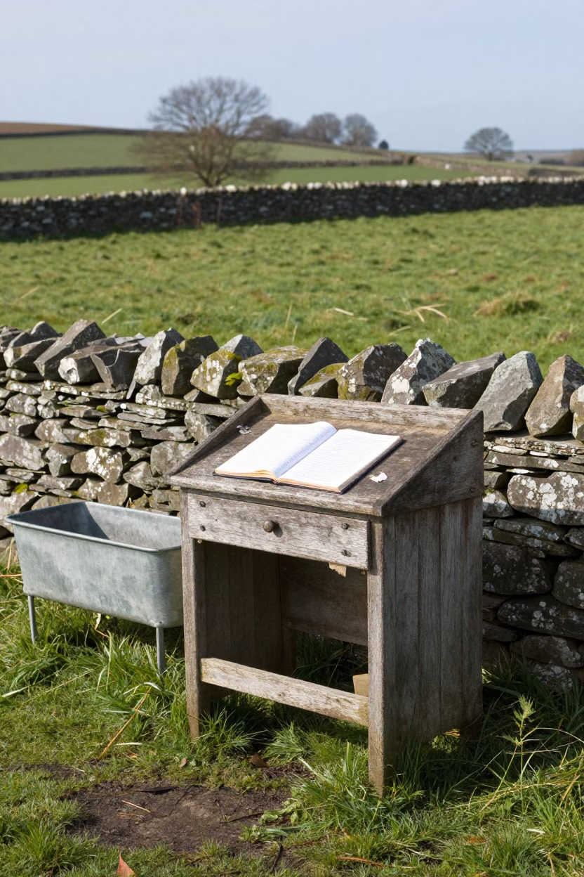 Welsh Farm Branding Ledger Desk Late Afternoon in near a windbreak and water trough in Wales