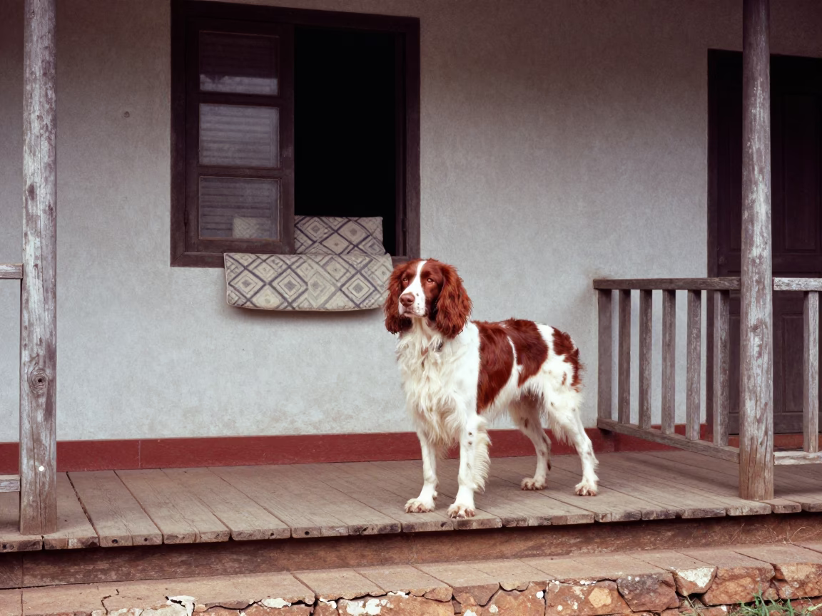 Welsh Springer Spaniel on Shaded Porch in Nellore in on a shaded front porch with boards, railings, and eye-level framing in Nellore