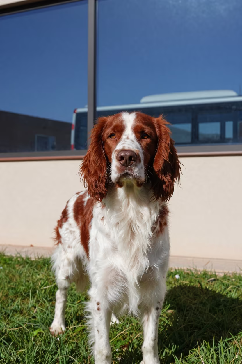 Welsh Springer Spaniel Portrait in Elche Yard in in a small yard with clipped grass, calm light, and the animal centered in frame in Elche