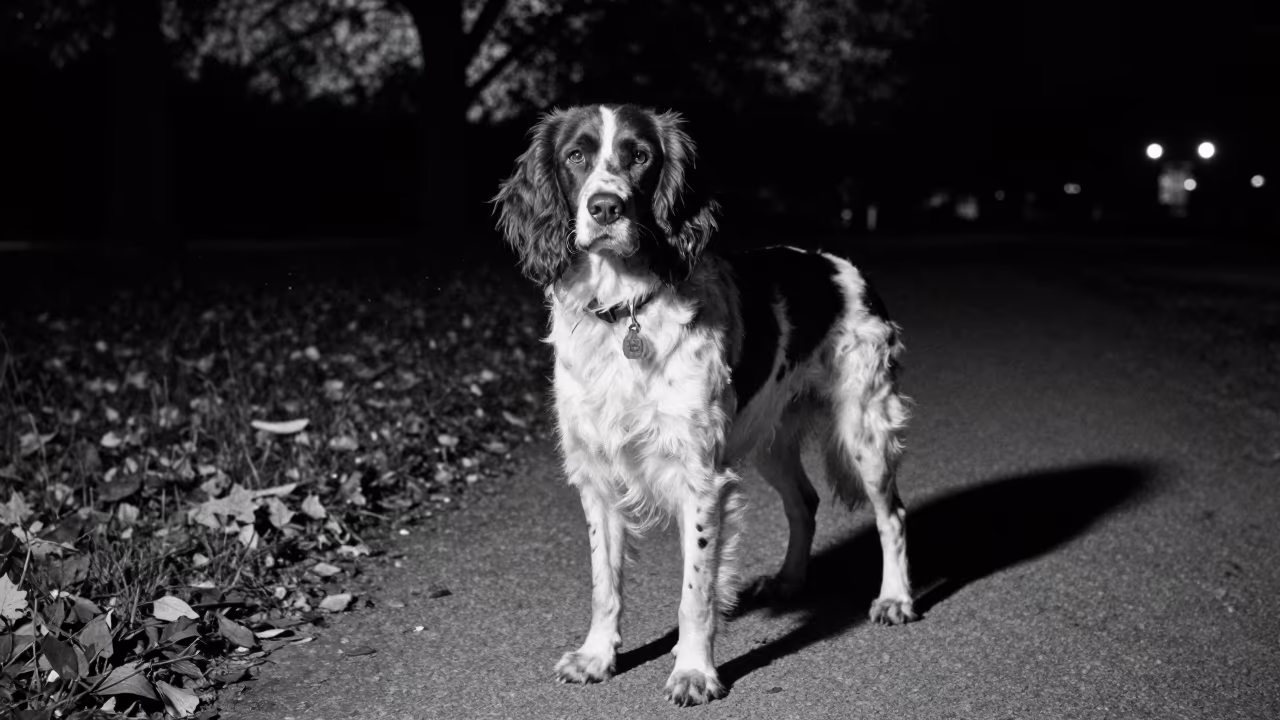 Welsh Springer Spaniel Portrait in Night Shade in along a quiet park path with soft open shade and a clean background in Tijuana