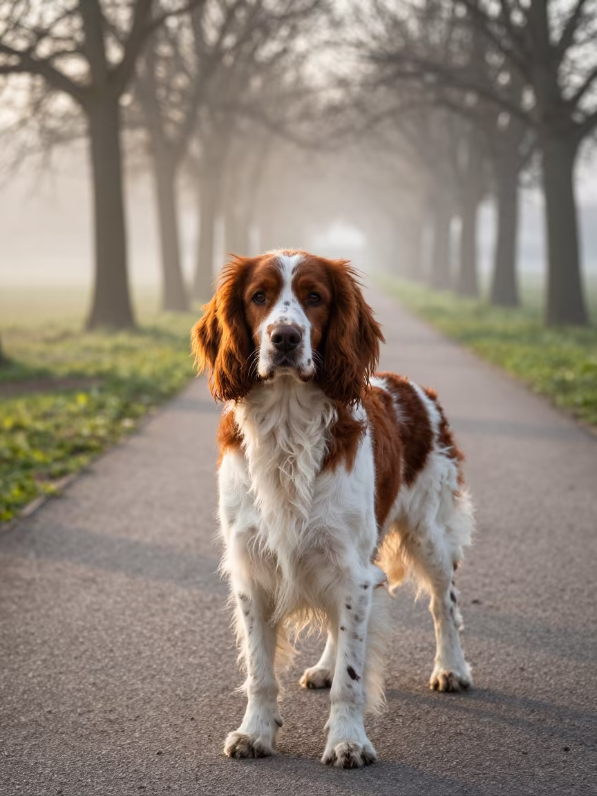 Welsh Springer Spaniel Portrait in Sidi Bel Abbès Park in along a quiet park path with soft open shade and a clean background in Sidi Bel Abbès