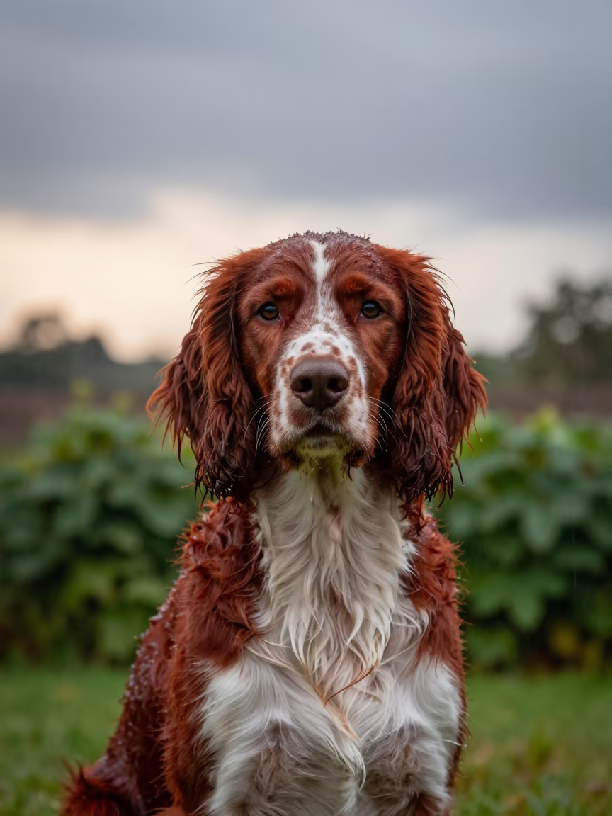 Welsh Springer Spaniel Portrait Mongu Garden Dawn in near a garden edge with soft morning light and an uncluttered background in Mongu