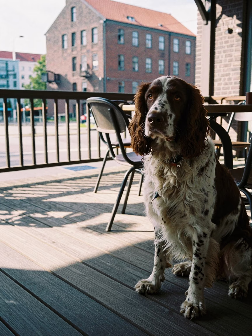 Welsh Springer Spaniel Portrait on Berlin Porch in on a shaded front porch with boards, railings, and eye-level framing in Friedrichshain, Berlin