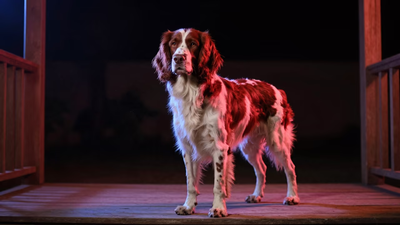 Welsh Springer Spaniel Portrait on Shaded Porch in on a shaded front porch with boards, railings, and eye-level framing in Nawabshah