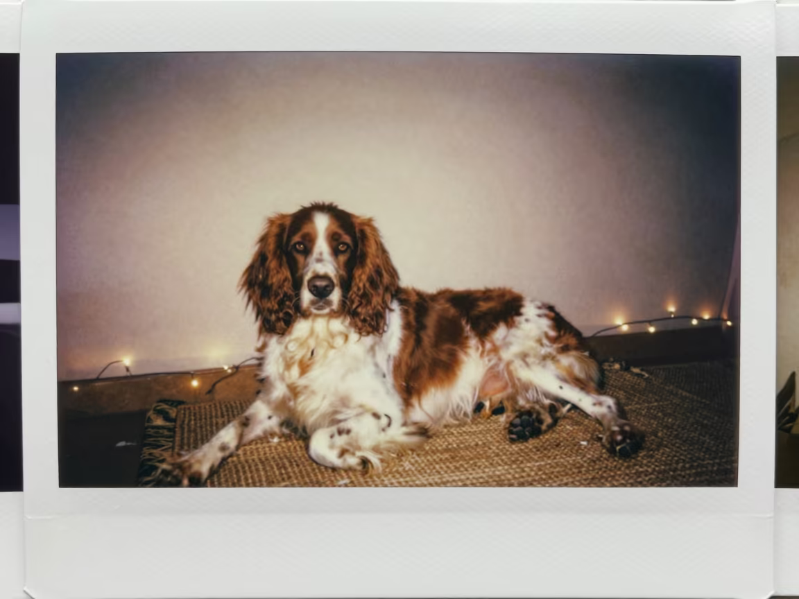 Welsh Springer Spaniel Resting Before Dawn in on a woven rug beside a low couch and an uncluttered wall near Cabo San Lucas