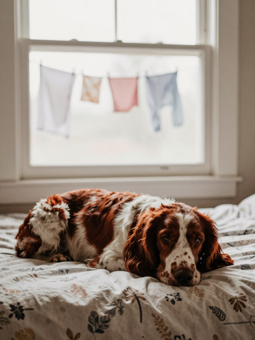 Welsh Springer Spaniel Resting on Bedspread Near Window in on a bedspread near a bright window with calm indoor light in Ejido