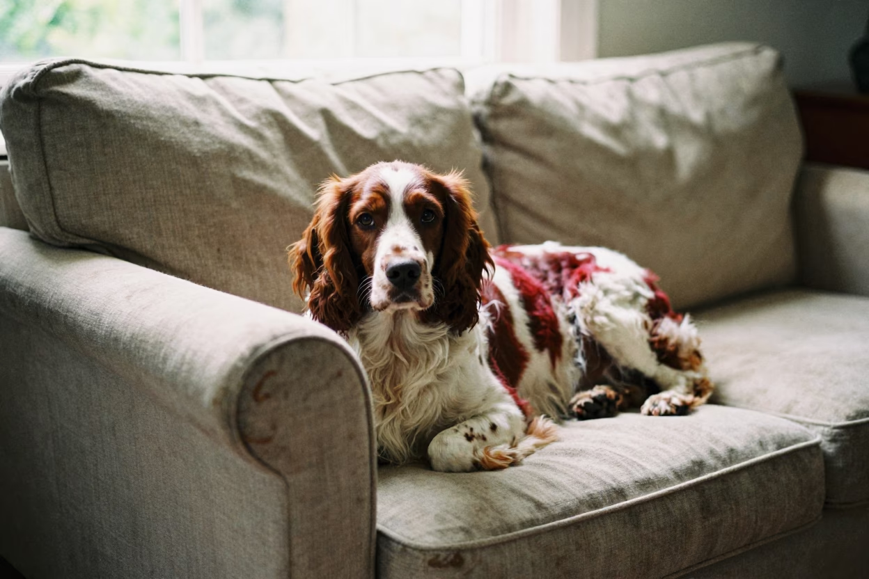 Welsh Springer Spaniel Resting on Linen Sofa in on a linen sofa with daylight from a nearby window in Adelaide
