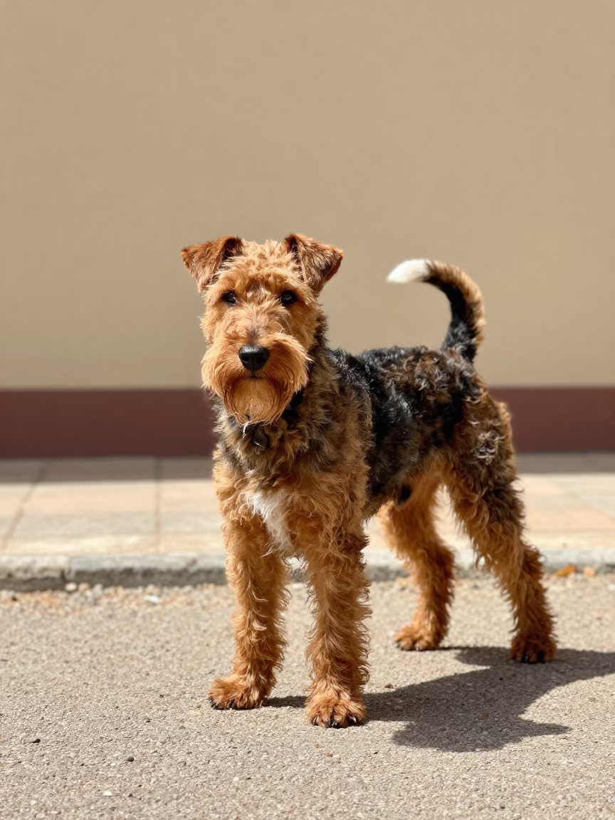 Welsh Terrier in Lome Courtyard Daylight in beside a plain courtyard wall in clear daylight with the animal at eye level in Lome