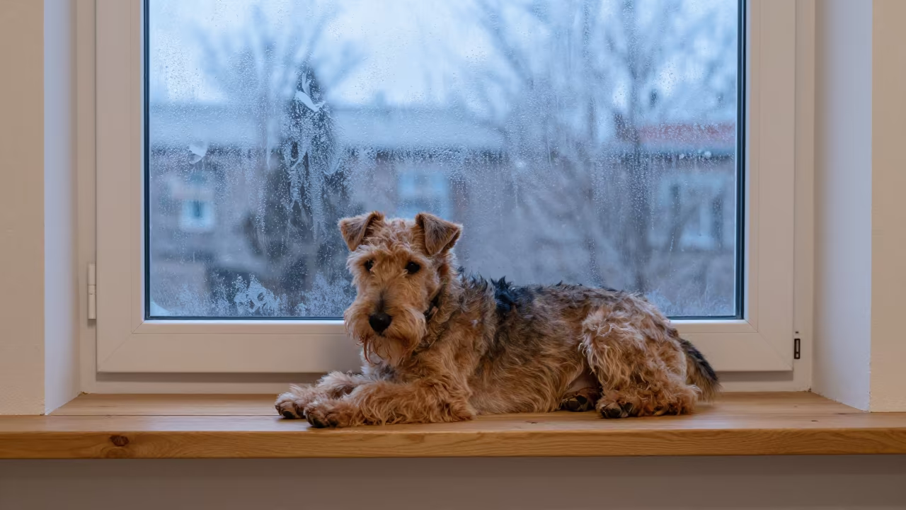 Welsh Terrier on Window Seat Evening Light in on a window seat in a quiet apartment with soft side light near Adıyaman
