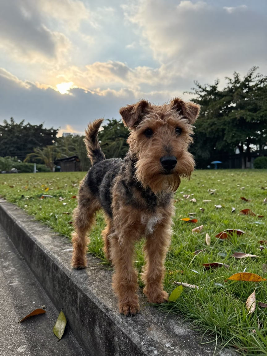 Welsh Terrier Portrait at Garden Edge Morning Light in near a garden edge with soft morning light and an uncluttered background near Shenzhen