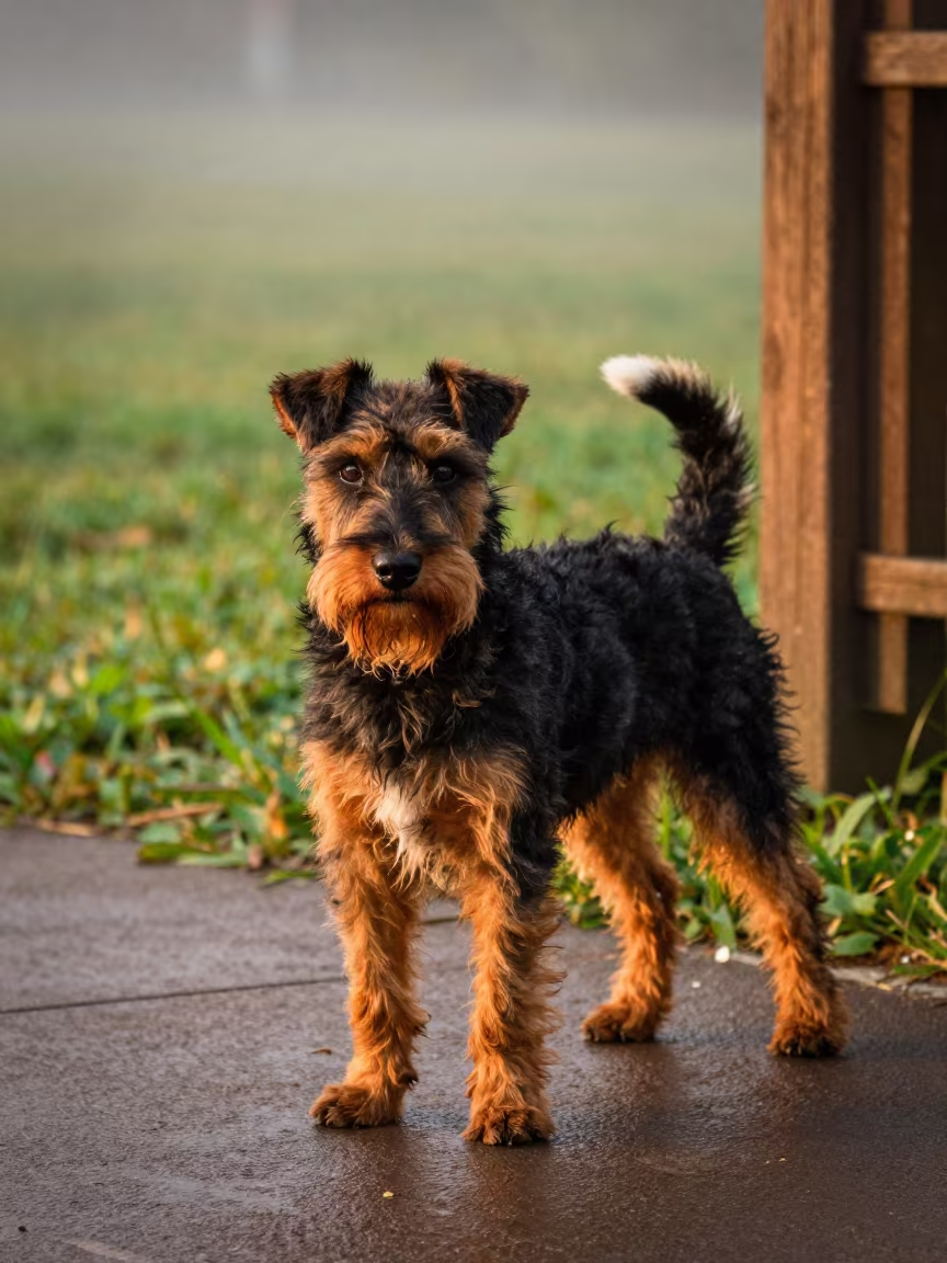 Welsh Terrier Portrait in Haiphong Park in along a quiet park path with soft open shade and a clean background in Haiphong