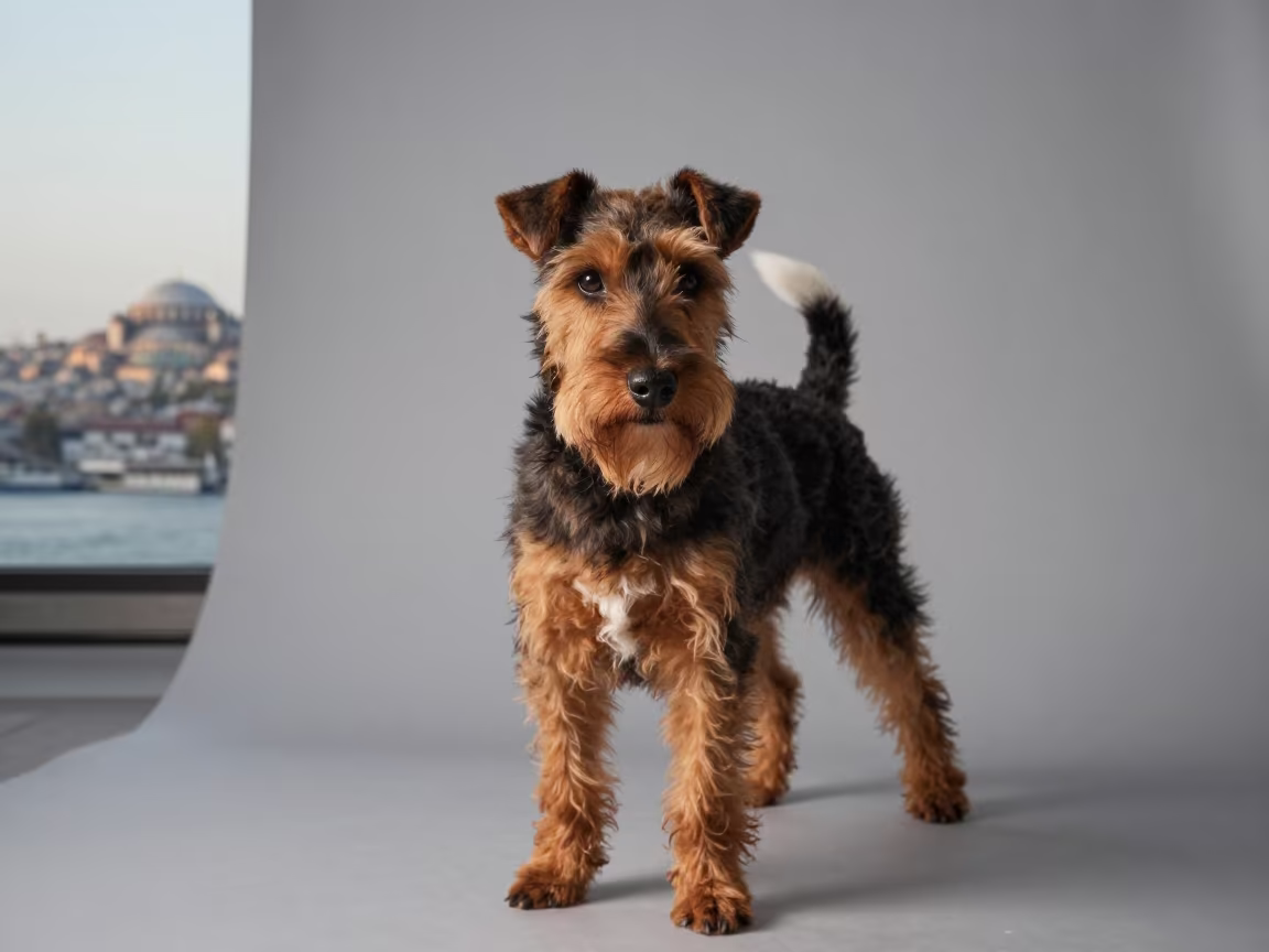 Welsh Terrier Portrait in Pale Dawn Studio Light in in a quiet portrait studio with a plain backdrop and eye-level framing near Istanbul