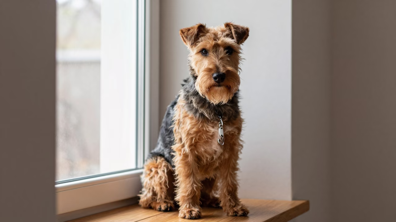 Welsh Terrier Portrait on Albuquerque Window Seat in on a cushioned window seat with soft side light and an uncluttered background in Albuquerque