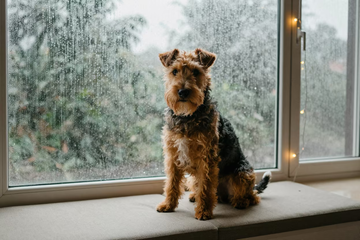 Welsh Terrier Portrait on Window Seat Before Dawn in on a cushioned window seat with soft side light and an uncluttered background in Satkhira