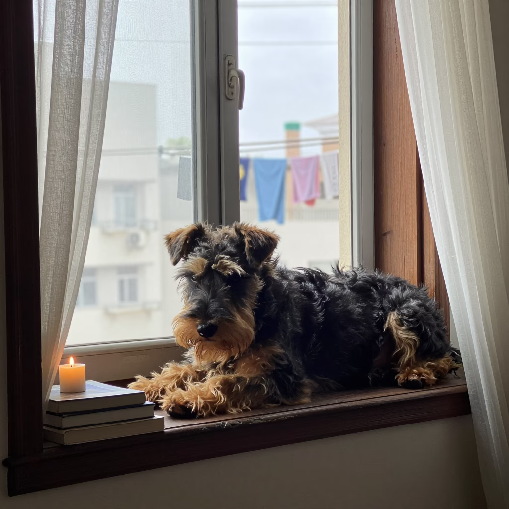 Welsh Terrier Resting on Bangalore Window Seat in on a window seat in a quiet apartment with soft side light in Bangalore