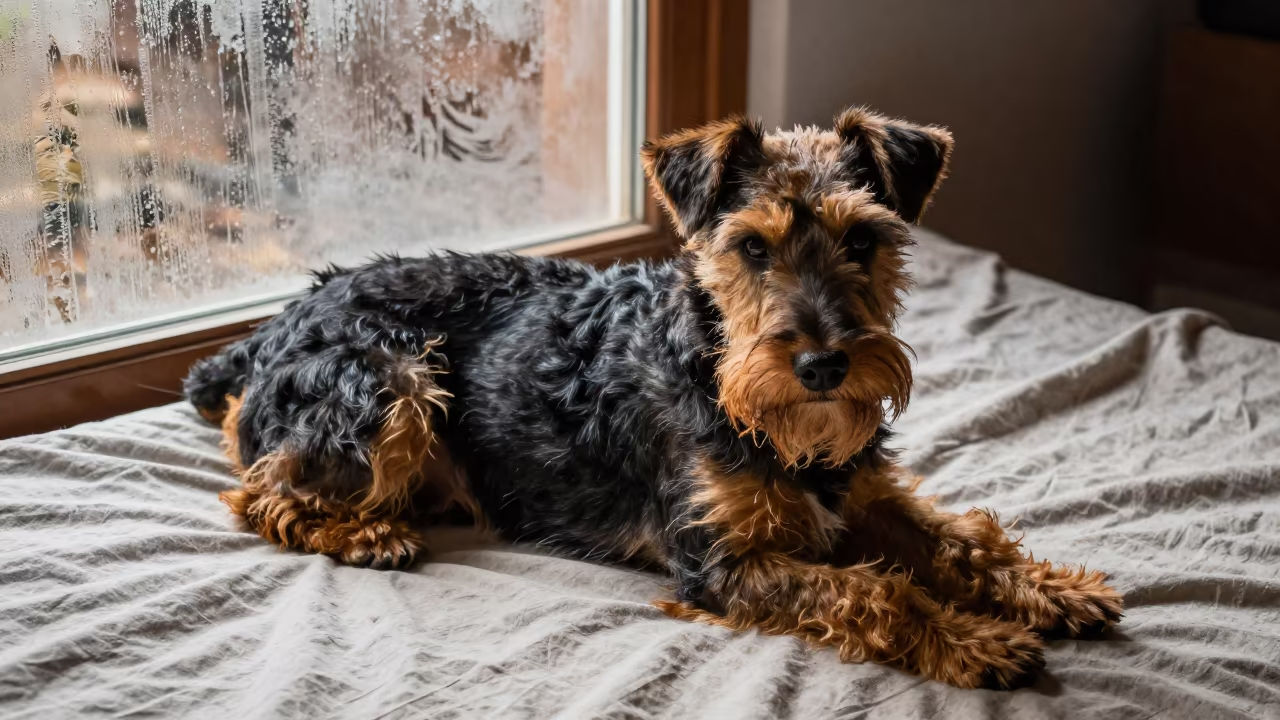 Welsh Terrier Resting on Bedspread Night in on a bedspread near a bright window with calm indoor light in Ayacucho