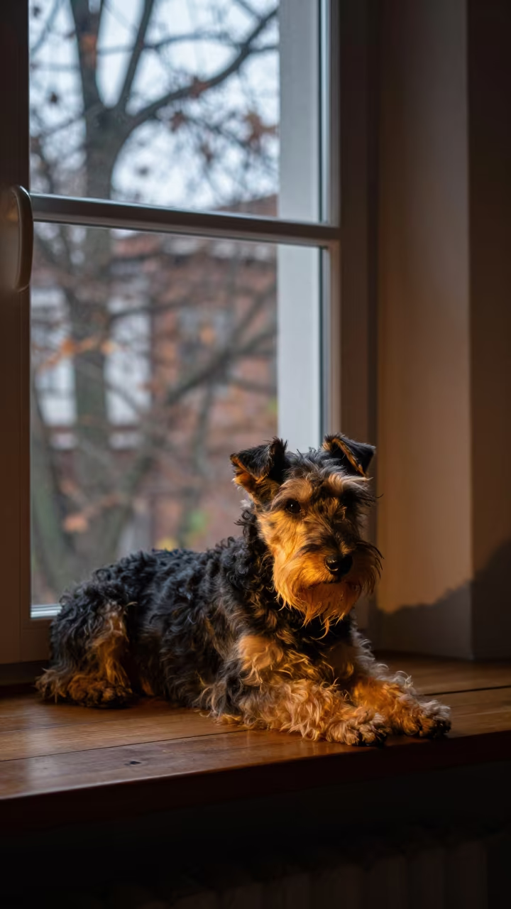 Welsh Terrier Resting on Window Seat in Gölcük in on a window seat in a quiet apartment with soft side light in Gölcük