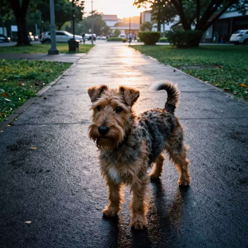 Welsh Terrier Silhouette Over Park Path in along a quiet park path with soft open shade and a clean background in Binondo, Manila