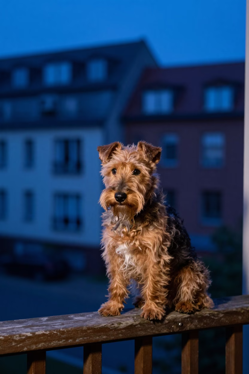 Welsh Terrier Sitting on Berlin Apartment Balcony During Blue Hour Evening Light in in Berlin, Germany