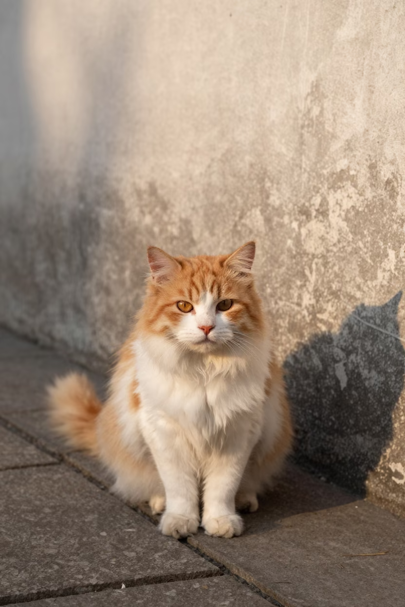 Wenzhou Courtyard Portrait of a Longhair Kurilian Bobtail Cat in beside a plain courtyard wall in clear daylight with the animal at eye level in Wenzhou