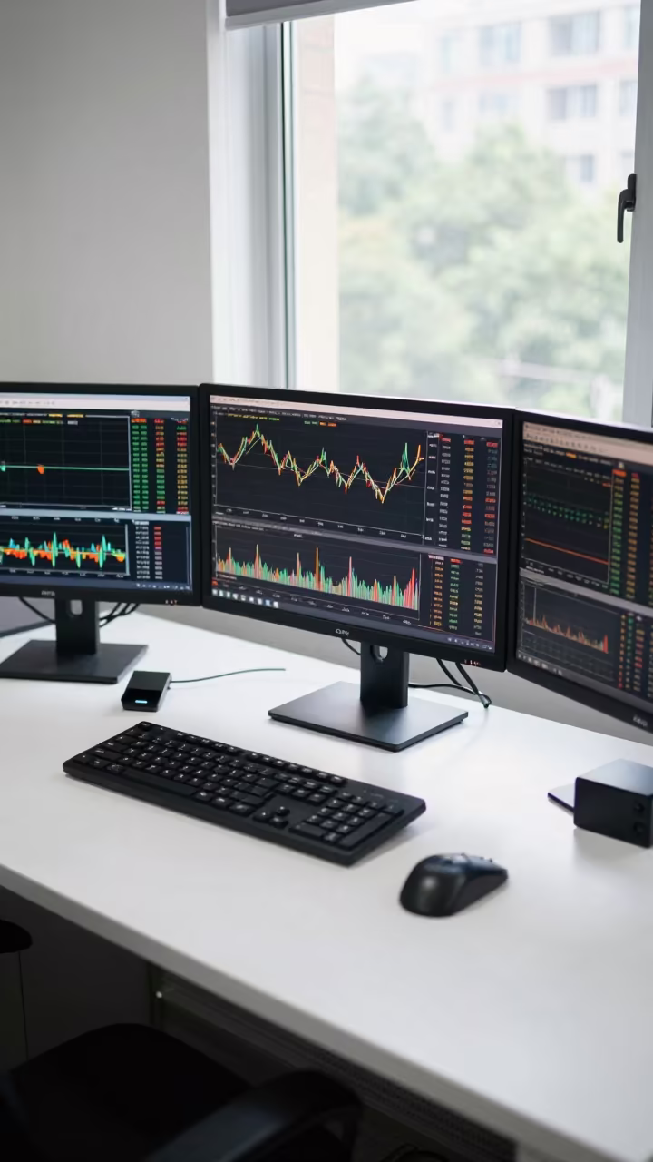 Wenzhou Financial Analyst Desk with Three Monitors in inside a conference room near Wenzhou